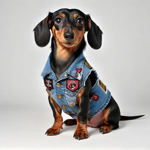 Prompt: dachshund wearing a heavy metal music denim vest with patches