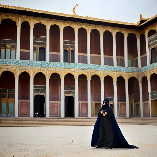 Prompt: A spacious palace, and the sky is raining money, and there is a girl wearing an Islamic niqab with precious stones next to her.
