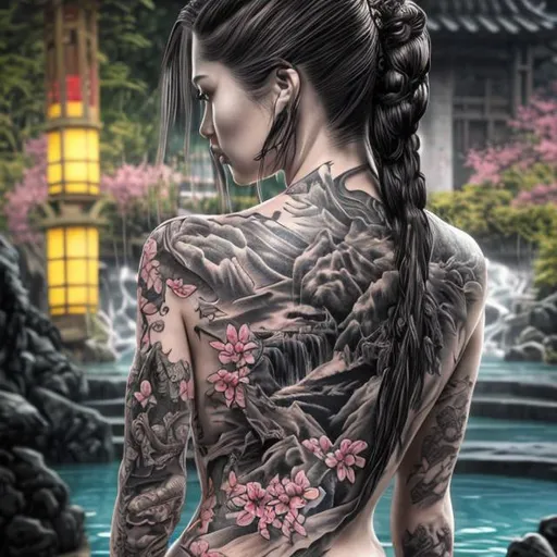 Prompt: (masterpiece) (very sharp) (4K UHD) (best quality) (hyper realistic). Back view, tattooed woman into japanese hot springs, extremely detailed face, extremely detailed eyes, absolutely real, extremely detailed hair, straight long hair, 3D illustration, extremely detailed lips, extraordinary beauty, cherry blossom background, waterfall background, extremely detailed tattoo art.