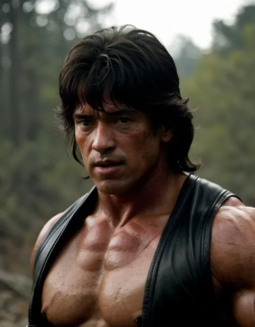 Prompt: Arnold Schwarzenegger as (John Rambo) [person], 