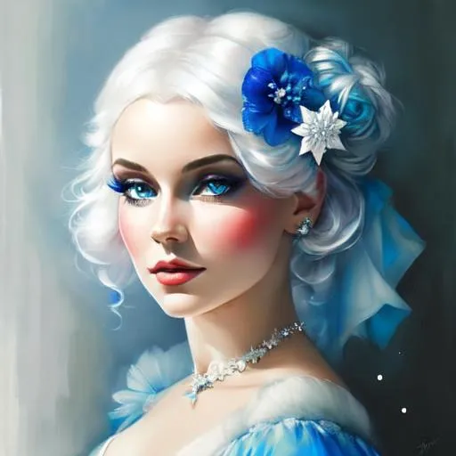 Prompt: A beautiful woman, snow white hair with pastel highlights, frosty blue eyes, blue eyeshadow, blue jewels on forehead