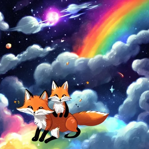 Prompt: fox and cat in space playing in a rainbow asteroid field 
