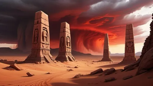 Prompt: ancient ruins in foreground, darkest night, nightmare, carved alien symbols on stone pylons, ancient stone city in the distance surrounded by a fortified wall, ancient megalith architecture, no trees, no bushes, no grass, no leafy vegetation, rocky desert alien planet setting, in the style of dune, red sky, alien dark sky,  overcast sky, stormy sky filled with red clouds, dust haze, sand storm, highly detailed, photo-realistic, hyper-real