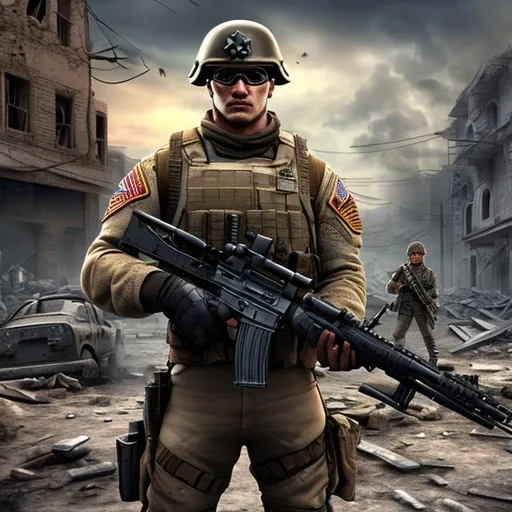 Prompt: realistic soldier holding a gun rifle, realistic graphics, in background add destroyed buildings, add destroyed city, add detail to face, 3d, HD, man, 4k, gritty, high resolution