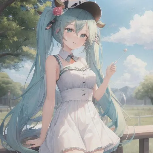 Prompt: girl, high girl , high picture quality, hatsune miku, wearing hat cow, beauty background, rand background, 
