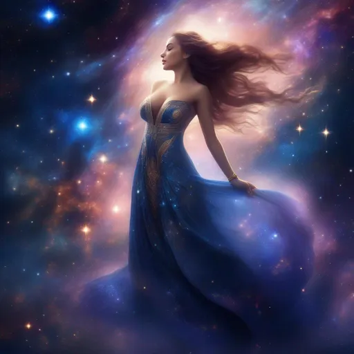 Prompt: exquisite, glowing Goddess in a flowing dress, incredible all body form of a incredible bodied, incredibly beautiful faced woman with a buxom perfect body falling backwards through space, nebulas, stars, planets, the milky way and galaxies