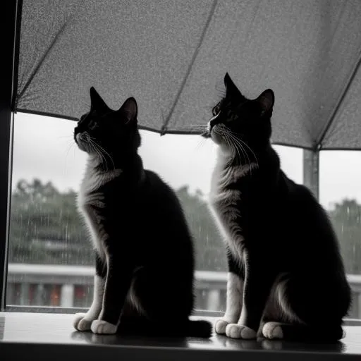 Prompt: Black and white Cats sitting watching rain

