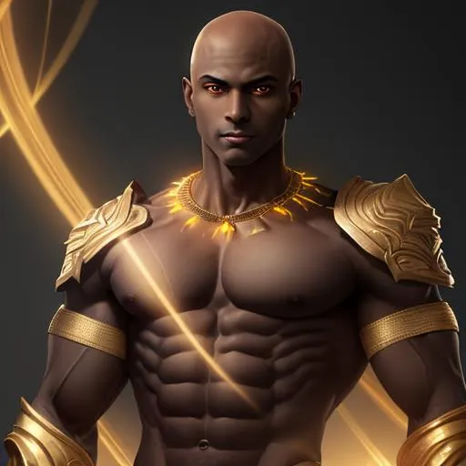 Prompt: portrait of a patronizing bald dark-skinned Adonis with abs and very brightly glowing luminescent golden eyes
