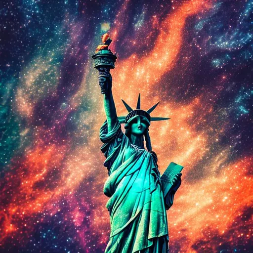 Prompt: Liberty Statue on a cosmic style background and blurry lights effects 4k realistic