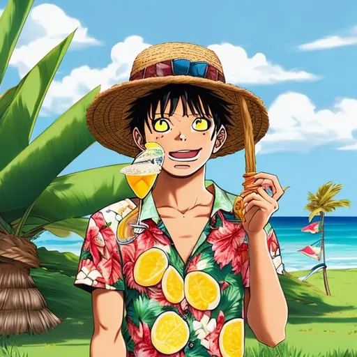 Prompt: A cat anime in a straw hat,wearing a Hawaii shirt
Eating piña colada 