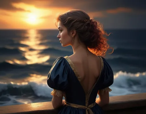 Prompt: Chiaroscuro, 8k, a digital painting of a petite Woman with titian hair, fancy dress, looking out into the ocean, sunset,