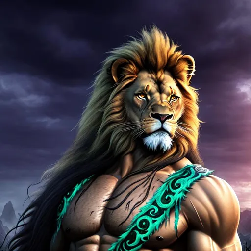 Prompt: Horror, twisted, scary, ominous, cinematic, 3D, HD, freeform dark chaos Beautiful!! {Man}Lion as Barbarian, detailed gorgeous face, Beautiful big reflective eyes, long flowing hair, expansive Jungle background, hyper realistic, 16K --s98500