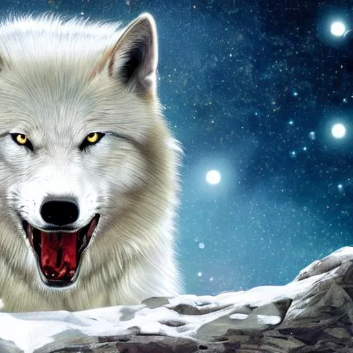 Prompt: white wolf with blood in face and long claws standing on a cliff and howling at night time, stars, fantasy, absurd, hyper realistic, 8k