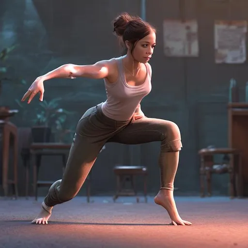 Prompt: "Create a realistic image that illustrates the lack of flexibility in a woman. In the scene, depict the person that can't crouch. The body should be visibly tense and rigid, showing signs of resistance.
