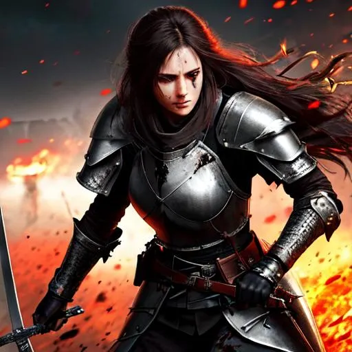 war torn woman, female knight, long hair, realistic,... | OpenArt