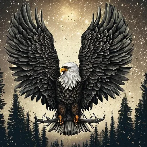 Prompt: 
eagle wings skulls in woods and night sky with stars