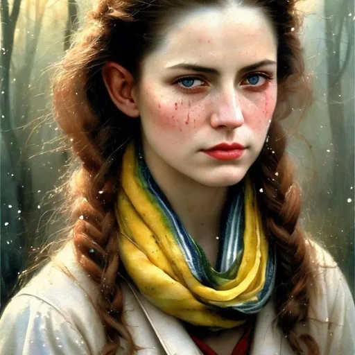 Prompt: Watercolor portrait of a beautiful woman's face, sad, tears drop from one eye. The woman wears a pale yellow striped scarf. Masterpiece, precise brush strokes, use mainly primary colors, dark background. Elf ears, very long incisive teeths. Thomas Kincade style.