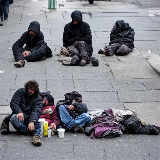 Prompt: 3 homeless on street