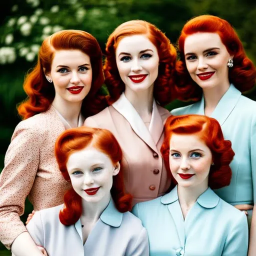 Prompt: Two Scottish girl with red hair, hugging a one British mother,brown hair,pale skin and blue eyes,1950s aesthetic