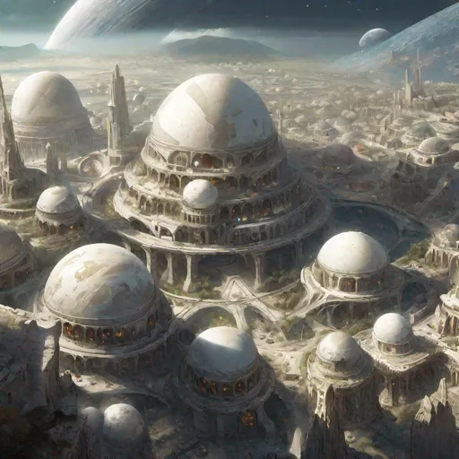 Prompt: A planet that is covered with sprawling cities, paving, and ruins of lead and basalt, while painfully bright white luminous domes lie in the center of the city