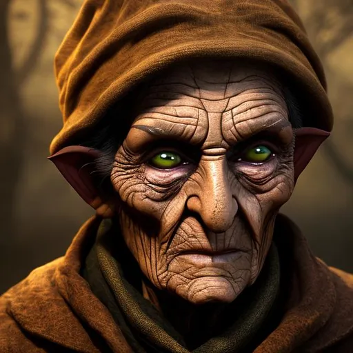 Prompt: An elderly, androgynous elf. Wrapped in a tattered brown rags. No distinctive male or female features. Eyes are sad and dark. Skin is ash white. Hair is black.