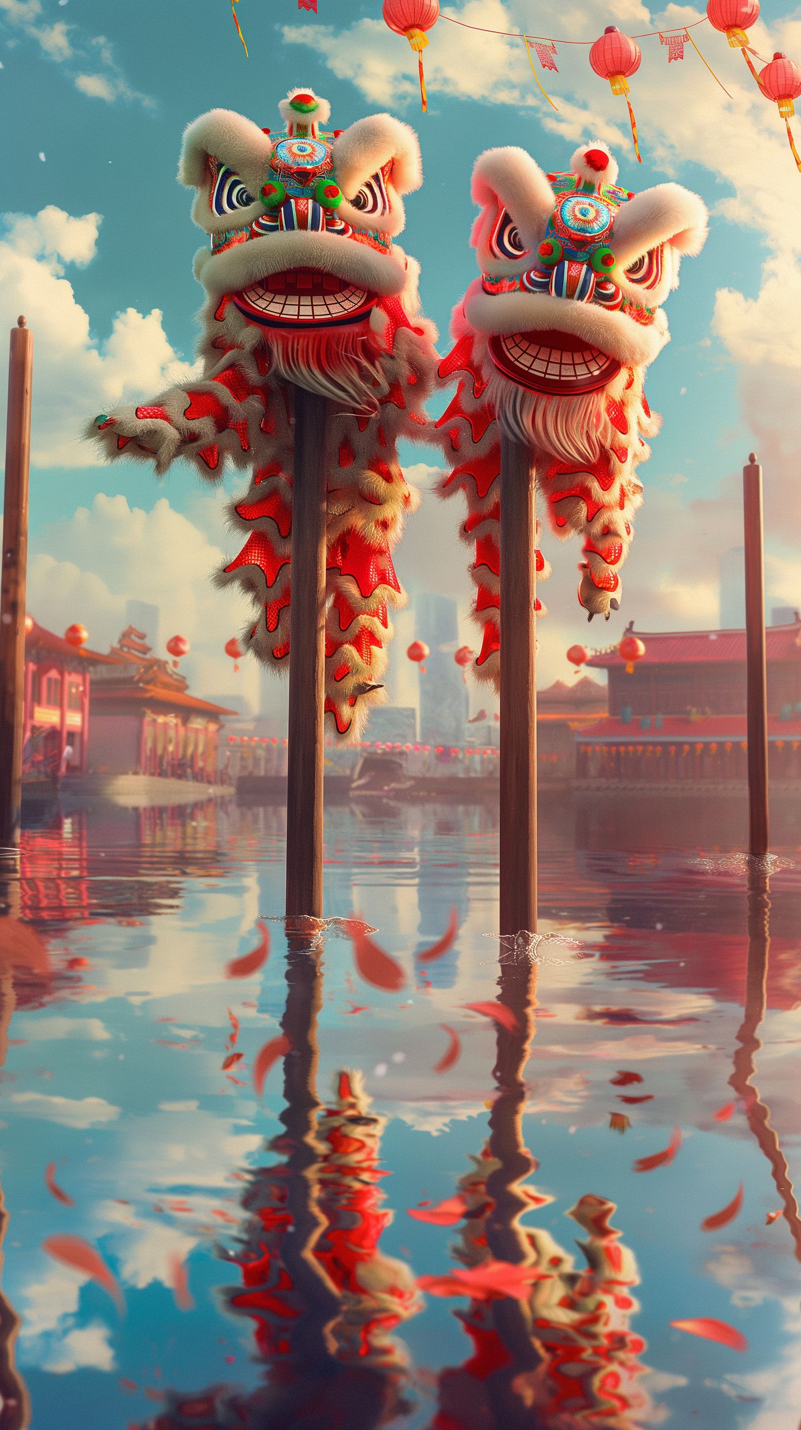 Prompt: realistic lion dancers jumping over poles, perfect reflection in the water under the poles, colorful asian city backround, peace --ar 9:16 --v 6.0