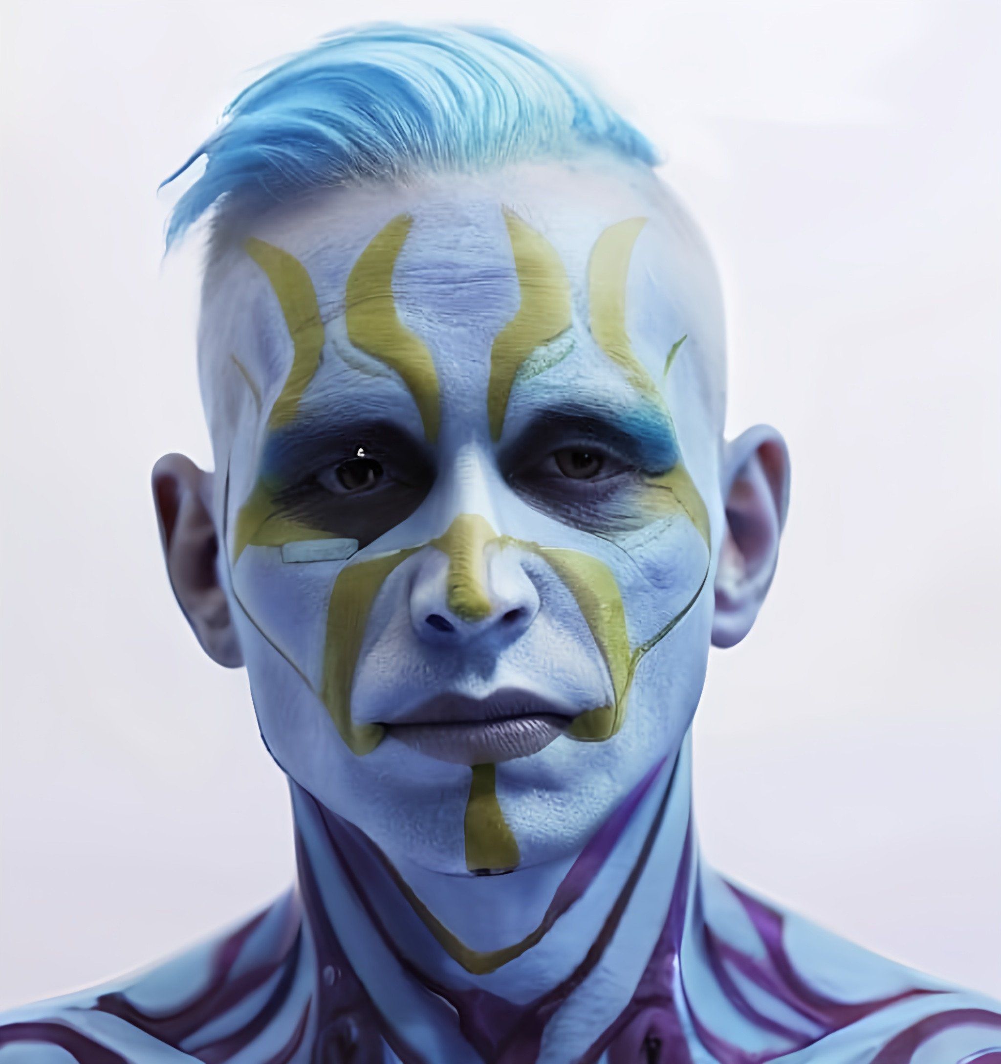Prompt: a man with blue hair and face paint on his face and chest, with a yellow and white pattern on his face, neo-fauvism