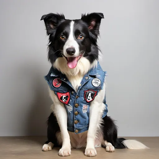 Prompt: border collie wearing a heavy metal music denim vest with patches 