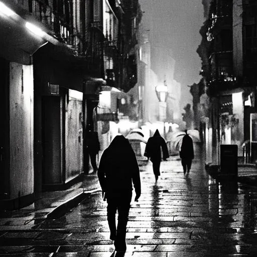 Prompt: walking in dark street. alone one man in midnight. 
no light in the street just some fades. and raining.