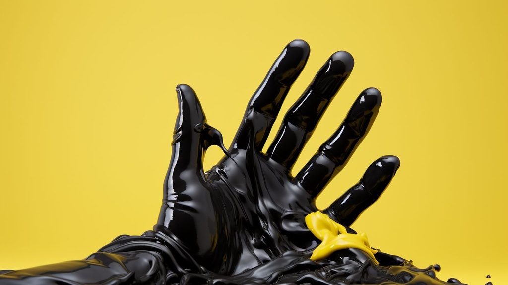 Prompt: yellow latex gloves reaching from a pile of black oil