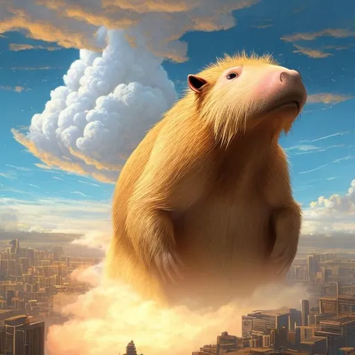 Prompt: Giant Capybara God looking down From a Cloud on a Big City