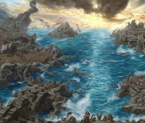 Prompt: Epic battle of the gods near the ocean, very detailed, ultra-realistic