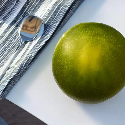 Prompt: One Fruit from the future presented on a white table