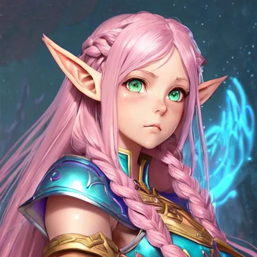 Prompt: female astral elf oath of wile Paladin character concept art and illustration by akihiko yoshida, style of pixar, amazing detailed face closeup, Long plaited pink hair, big beautiful eyes swirl with iridescent colors, wearing traveler's clothes, action, madhouse and kyoani character face, cute, pretty girl, portrait, pixiv, artstation, spectacular details, Volumetric Lighting, Dramatic lighting