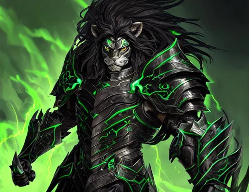 Prompt: Male protector human with light skin and dark black-haired, with glowing green eyes wearing an armored mask with lion detailing and full armor holding, shored-haired female bosmer, with medium length antler. full body art, captivating, ambient lighting, dynamic lighting, atmospheric lighting, smoothly designed, intricate, vivid, highly detailed.