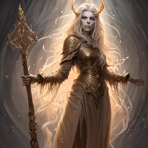 Prompt: Full body splash art portrait of a non-evil female undead sorceress casting a spell, very long honey light brown golden hair with a fringe, wearing long light-colored iridescent pastel robes, carrying a wooden staff, D&D, fantasy, highly detailed, very sharp focus, digital painting, artstation, concept art, 4k, 8k