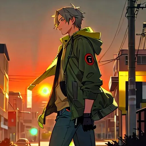 Prompt: A man in jeans, gray hoodie inside, green jacket outside. He is walking. Time is evening and the sunset looks fascinating.