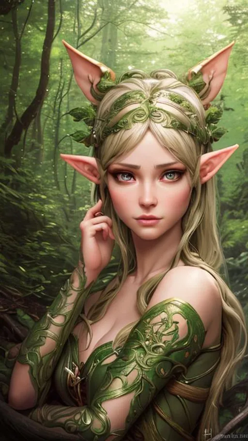 Prompt: highest quality stylized character concept masterpiece, award winning digital 3d oil painting art, hyper-realistic, intricate, 64k, UHD, HDR, image of a beautiful elf-girl in a forest, highly detailed face, hyper-realistic facial features, perfect anatomy in perfect composition of professional, long shot, sharp focus photography, cinematic 3d volumetric, dramatic lighting with backlit backlight, {{sexy}}, aiming down sights with red-hair, green eyes, perfect smile, from Elder Scrolls.