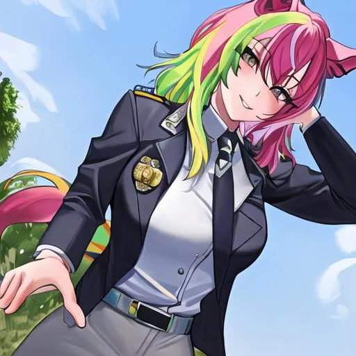 Prompt: Haley as a horse girl with bright multi-color hair wearing a police uniform