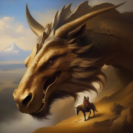 Prompt: (masterpiece, professional oil painting, epic digital art, best quality), A dragon ((A Turtle's Shell, a Lion's Mane, the head of a horse, wingless, the Body of a snake, the Paws of a Bear, the head of a human, the teeth of a shark, the skin of an octopus, Rhino horns,)). Desert Background, Blue Skies,