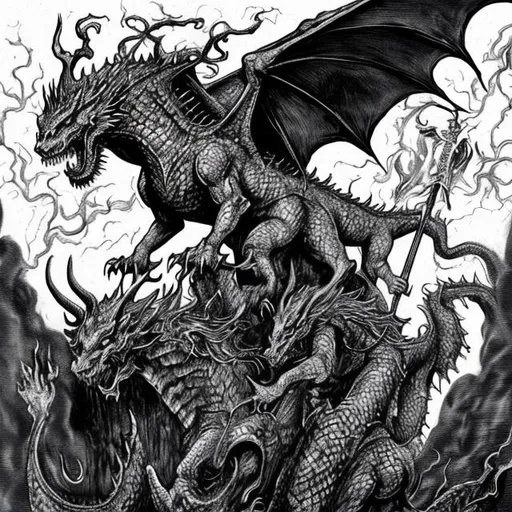 Prompt: Evil wizards riding a dragon. black metal album cover
