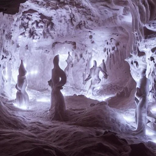 Prompt: poetic scene of painful death of two human white figures in a cave of alien like figures, lights, and contrast


