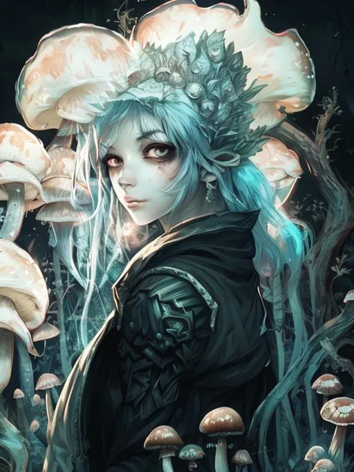 Prompt: Mysterious adventurer female mage of mushroom spores, detailed character portrait, dark fantasy vibe, creative dnd character ideas, lots of mushroom glow, grim dark, artstation 4k, crazyness, clean girl, dramatic light, anime style