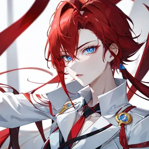 Prompt: androgynous (light red side-swept hair, she has blue eyes and pale skin)