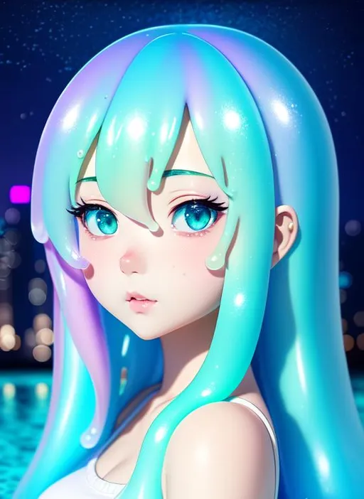 Prompt: 1 girl made of slime, slime girl, petite body shape, hyper realistic pastel color masterpiece,

beautiful, cute, kawaii anime girl,  smokey atmosphere, hyper realistic masterpiece of an anime seafoam color slime girl,

at night, twilight, evening, outside, particles visible, light from behind, hyper realistic detailed lighting, hyper realistic shadows

hyper realistic masterpiece, highly contrast water color pastel mix, sharp focus, digital painting, pastel mix art, digital art, clean art, professional, contrast color, contrast, colorful, rich deep color, studio lighting, dynamic light, deliberate, concept art, highly contrast light, strong back light, hyper detailed, super detailed, render, CGI winning award, hyper realistic, ultra realistic, UHD, HDR, 64K, RPG, inspired by wlop, UHD render, HDR render