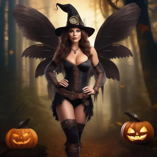 Prompt: Wide angle. Whole body showing. Detailed Illustration. Photo real. Very realistic. A beautiful, buxom woman with broad hips. Colorful, bright eyes,  standing in a forest by a sleepy town. Shes a Steam Punk Witch, a Winged Fairy, with a Skimpy, flowing outfit. On a colorful, Halloween night. 