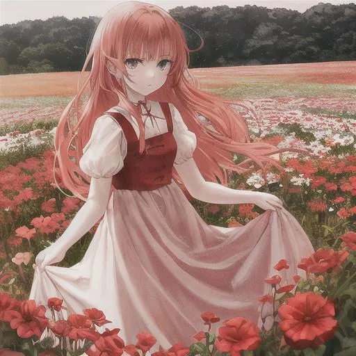 Prompt: light red haired girl with beautiful eyes
red and white dress
in a flower field