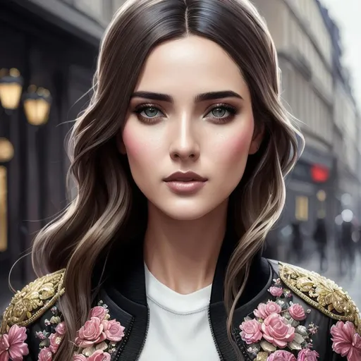 Prompt: Paris street setting, realistic beautiful young woman wearing a graphic bomber jacket, full body,  4K, 8K, photorealistic, Intricately detailed front facing elaborate beautiful intricate glistening face bright eyes painting by Ismail_Inceoglu Tom Bagshaw Dan Witz CGSociety ZBrush Central fantasy art 4K, digital painting, digital illustration, extreme detail, digital art, ultra hd, tumblr aesthetic, hd photography, hyperrealism, extreme long shot, telephoto lens, motion blur, wide angle lens, deep depth of field, warm, anime Character Portrait, Symmetrical, Soft Lighting, Reflective Eyes, Pixar Render, Unreal Engine Cinematic Smooth, Intricate Detail, anime Character Design, Unreal Engine, Beautiful, Tumblr Aesthetic, Hd Photography, Hyperrealism, Beautiful Watercolor Painting, Realistic, Detailed, Painting By Olga Shvartsur, Svetlana Novikova, Fine Art