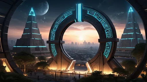 Prompt: magical portal between cities realms worlds kingdoms, circular portal, ring standing on edge, upright ring, freestanding ring, hieroglyphs on ring, complete ring, ancient aztec architecture, zigurat, pylons, gardens, hotels, office buildings, shopping malls, large wide-open city plaza, panoramic view, dark night, futuristic cyberpunk tech-noir setting, elevated view