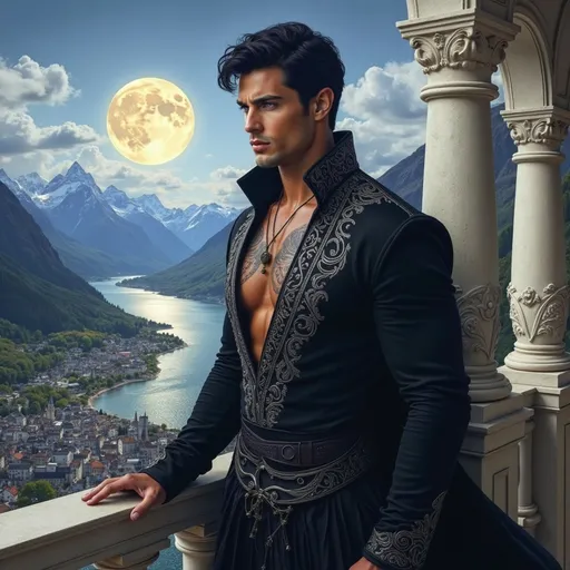 Prompt:  @E9F5IeylWCK78nhhDgNv is standing on a castle balcony overlooking a riverside town. there are mountains behind him and a full moon